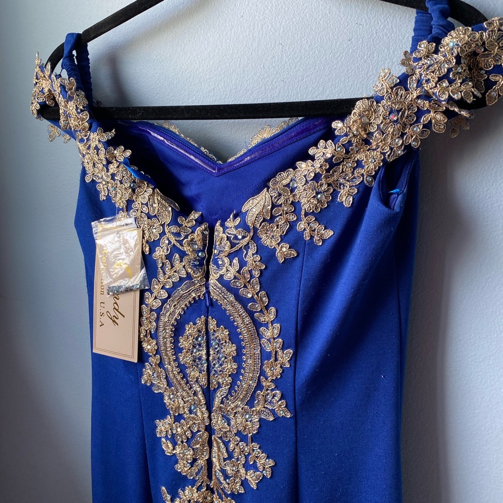 Royal blue mermaid dress gold detail